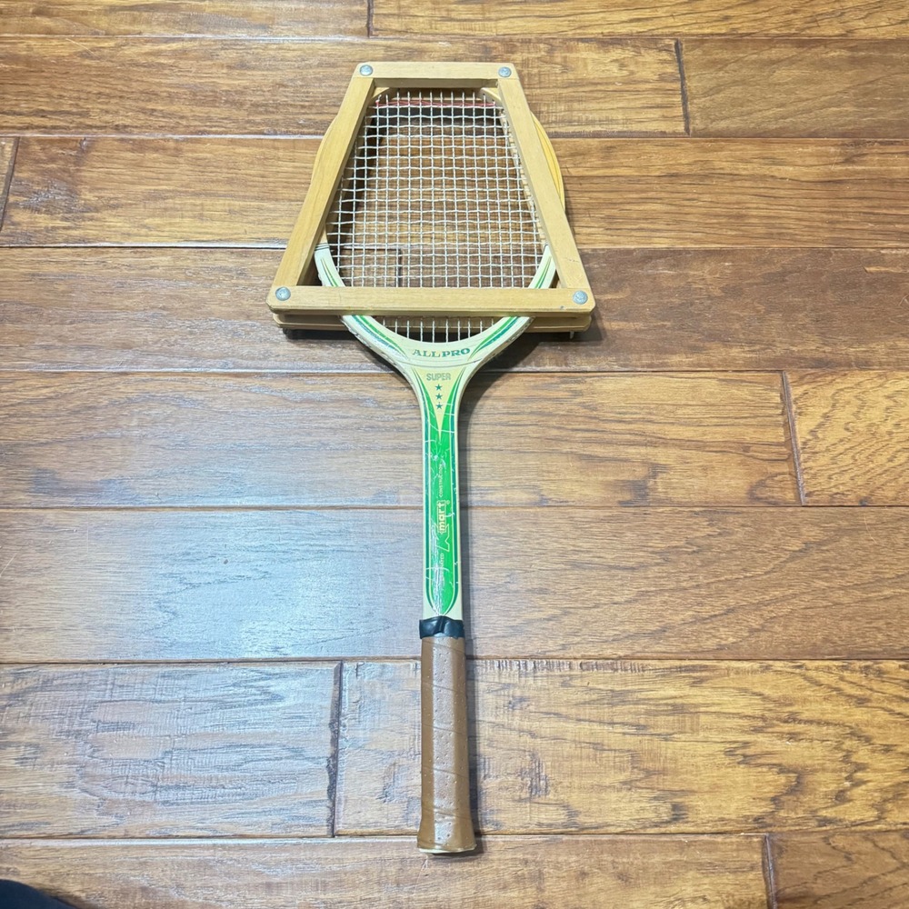 VTG 70s Kmart All Pro Super Wood Tennis Racquet with Spalding Wooden Press Green